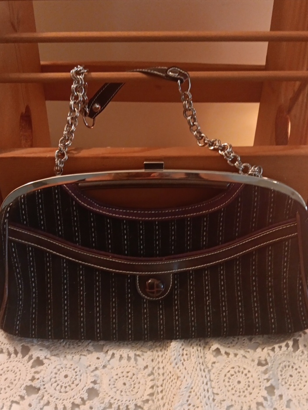 Apt. 9 Baguette Purse -Black With White Stitching And Brown Leather Accents.